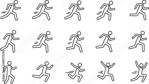 Running and jumping human stick figure icon set, motion sequence poses, sprint action, fitness exercise, 