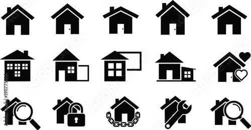 Set of black house icons including real estate symbols for home search security repair and family life isolated on a white background,