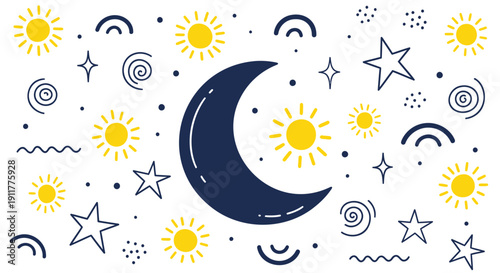 Vector illustration of a crescent moon surrounded by yellow suns, stars, and celestial shapes on a white background