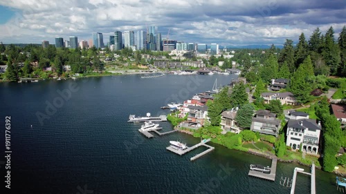 Scenic Aerial View of Bellevue Skyline from Lake Washington