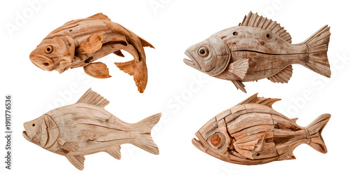 Driftwood marine design. Wooden fish sculptures collection isolated on white background


