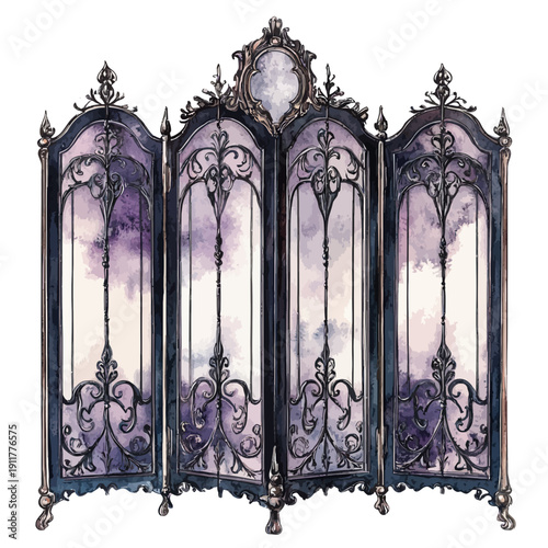 Victorian Gothic Room Divider Screen with Purple Watercolor Panels