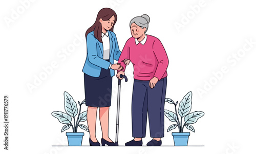 Caregiver Assisting Elderly Woman Walking with Cane Illustration