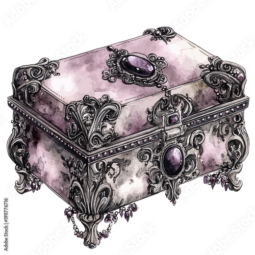 Ornate Watercolor Gothic Jewelry Box with Purple Gems and Silver Filigree