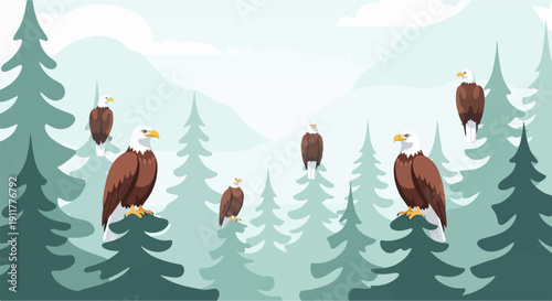 Six eagles perch on evergreen trees in a misty, mountainous forest landscape