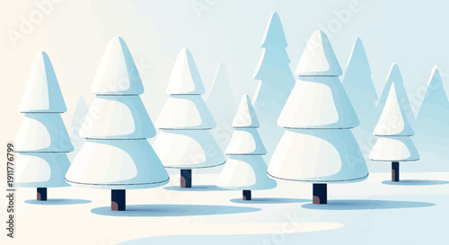 Snow-covered evergreen trees create a peaceful winter forest scene