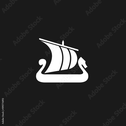 White Silhouette of a Viking Longship Sailing Boat Icon on Black Background