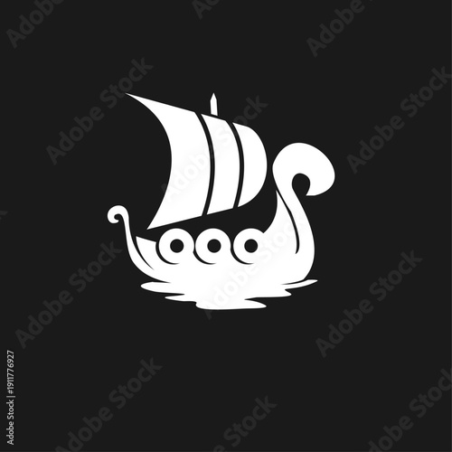 Minimalist White Viking Ship Longship Icon. Ancient Scandinavian Boat Silhouette Symbol on Black Background.