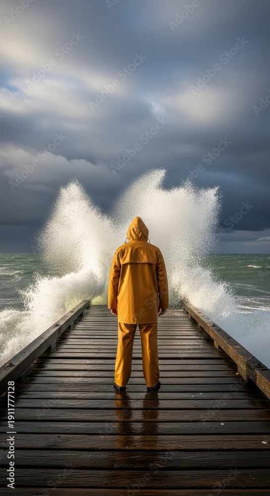 Fototapeta premium Male in yellow raincoat facing crashing waves on wooden pier during stormy weather, dramatic ocean scene with dark sky