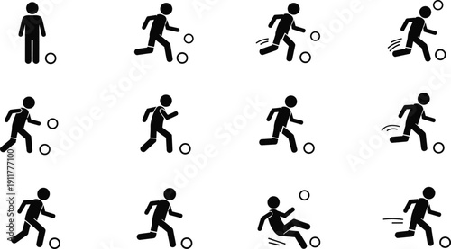 Soccer player action pictogram icons set, football dribbling running kicking movement silhouettes, sport training match strategy infographic elements, black vector illustration