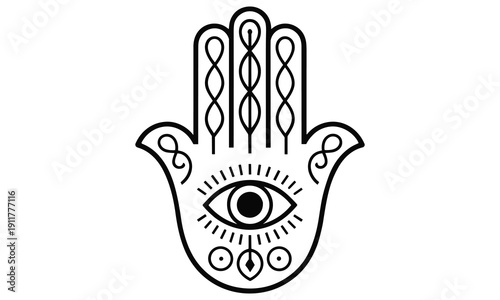 Hamsa hand with an all-seeing eye symbolizing protection and spiritual guidance in various cultures and religions worldwide.