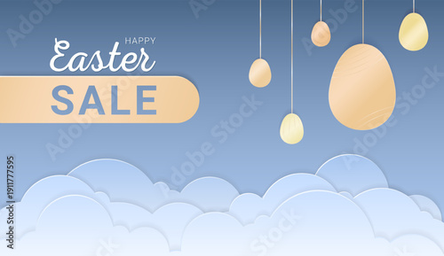 Modern Easter sale background illustration in soft layered paper cut style with decorative eggs and spring elements. Ideal for seasonal promotions, retail advertising, social media campaigns, banners,