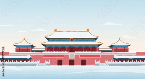 Pixelated winter scene of traditional architecture with snow-covered roofs