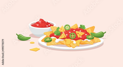 Plate of delicious nachos with salsa, cheese, jalapenos, and cilantro