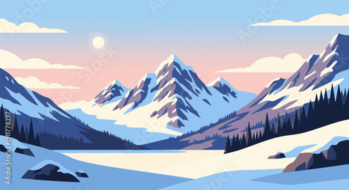 Snowy mountain peaks under a soft pastel sky with a frozen lake