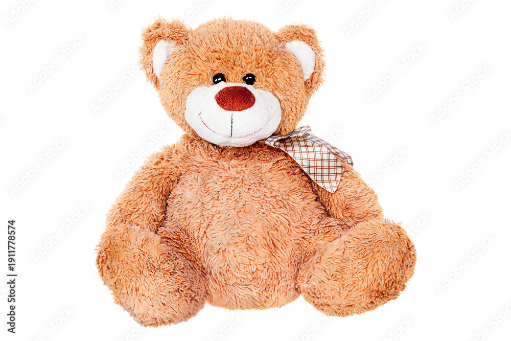 Obraz premium Cute brown teddy bear with a smiling face and a checkered bow tie, isolated on a transparent background. Soft plush toy for children, perfect for gift, childhood, and comfort themes