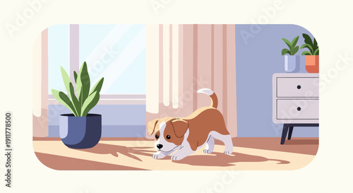Playful puppy on a sunlit floor next to potted plants and a dresser