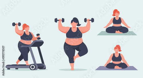 Plus-size figures engage in various exercises, including treadmill, weights, and yoga