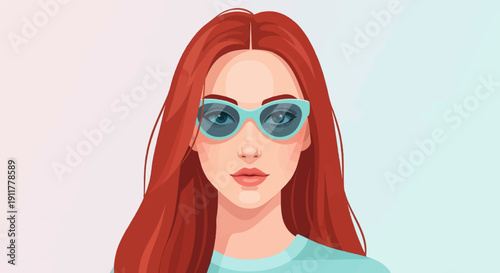 Portrait of a woman with long red hair and blue sunglasses