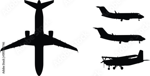 Black silhouettes of four airplanes in different views aircraft aviation