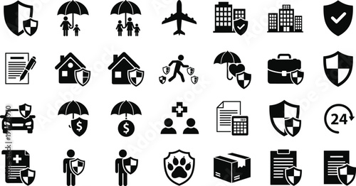 Insurance and protection line icon set, health, travel, home, car, life coverage, shield symbols, security 