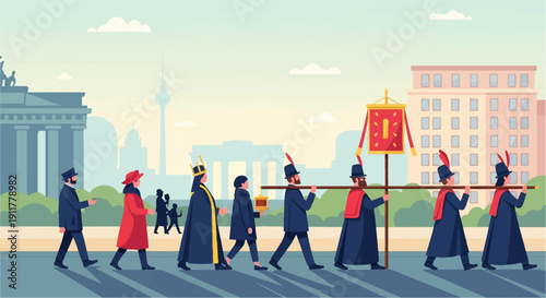 Procession with regal figures, banners, and city skyline backdrop