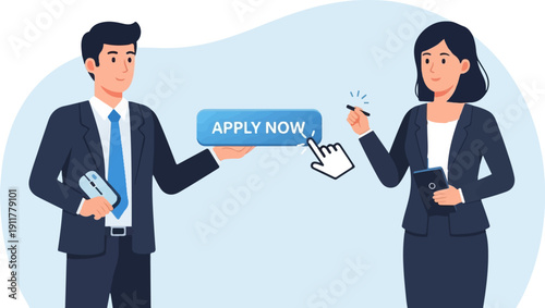 Professionals interact with digital interface, a button for application