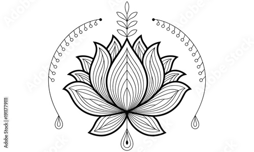 Beautiful lotus flower with intricate design and floral elements in black and white illustration symbolizing serenity and elegance in a simple yet detailed artwork for various creative uses.