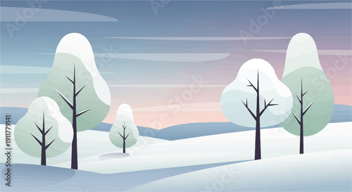 Soft, snowy hills under a pastel, hazy sky with stylized, frosted trees