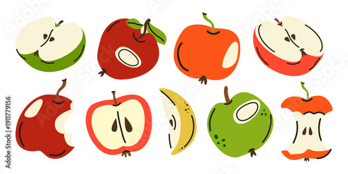 Set of apple stickers in doodle cartoon style. Ripe fresh healthy fruits collection. Whole apples, halves and slices. Colorful juicy elements, freshness aesthetic. Vector illustration