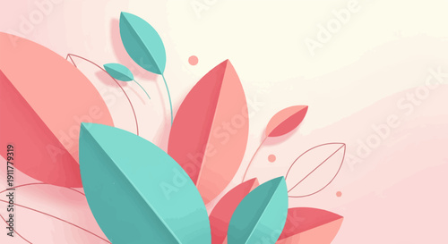 Soft abstract illustration of coral and teal leaves on pale pink background