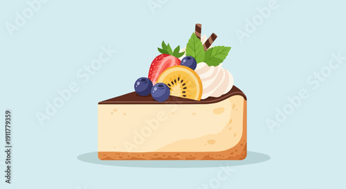 Slice of cheesecake topped with fresh berries, kiwi, cream, and chocolate wafer sticks