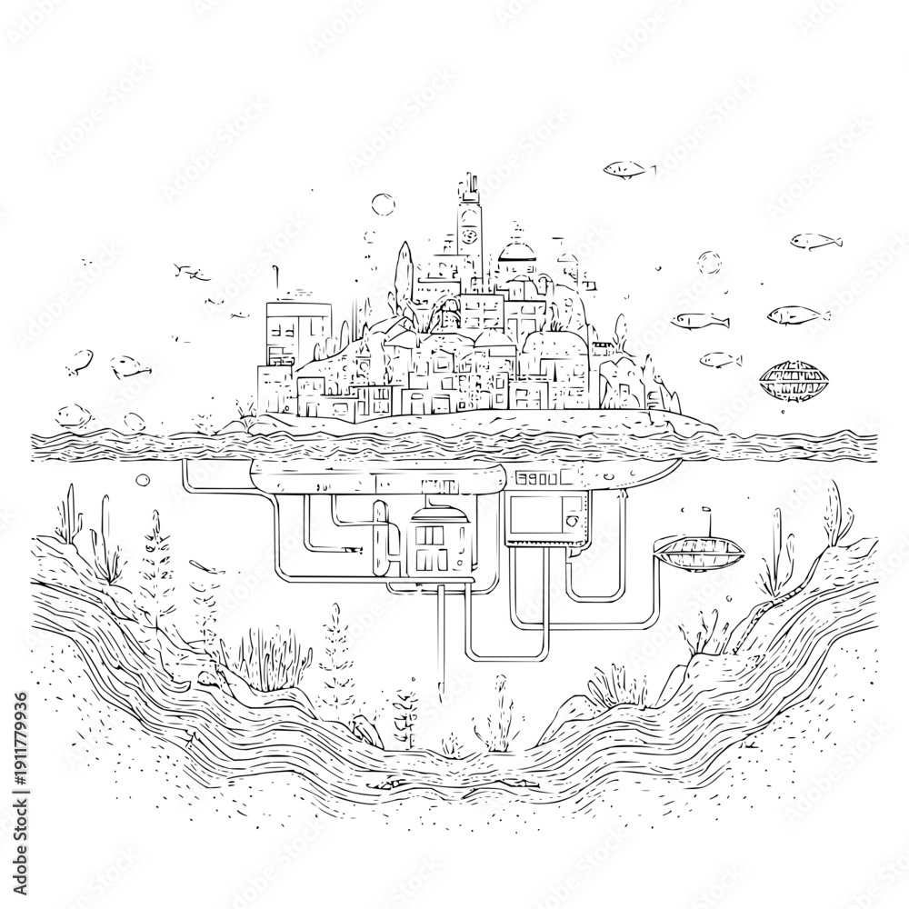Obraz premium Underwater City with Tunnels and Pipelines
