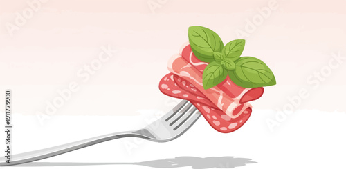 Sliced meats and basil on a fork with a shadow against a pale pink background