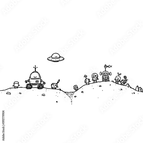 Robotic Car Exploring Alien Landscape with UFO