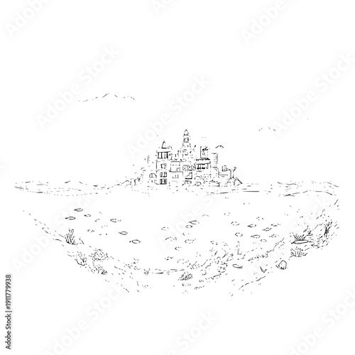 Black and White Castle on Cliffside with Ocean View