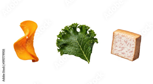Close-up of orange potato chip, green kale leaf, and a slice of cheese with spices on a white background, perfect for healthy snack or food ingredient themes