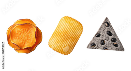 Close-up of three different-shaped potato chips including round, rectangular, and triangular with black peppercorns, perfect for snack or food packaging designs