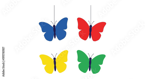 Four brightly colored hanging butterfly graphics representing different vibrant hues 
