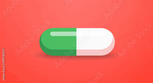 Simple illustration of a two-toned capsule on a red background with shadow