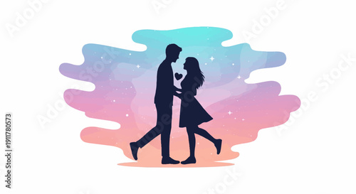 Silhouette couple holding hearts against colorful starry sky
