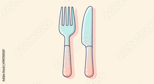 Simple illustration of a fork and knife with pastel handles on a light background