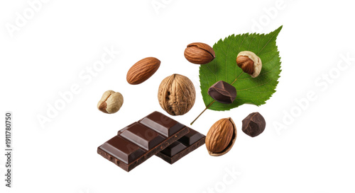 Dark chocolate bar with whole almonds, hazelnuts, and pistachios on green leaf, isolated on white background, perfect for healthy snacks and dessert recipes