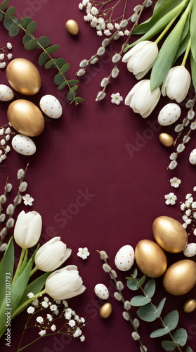 Frame from golden eggs, white tulips on red background. Greeting vertical banner for spring Easter day, a Christian holiday with copy space.
