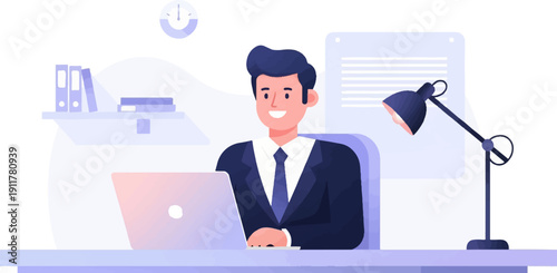 Smiling businessman in suit at desk with laptop and desk lamp in office