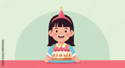 Smiling girl in party hat holding a birthday cake with candles
