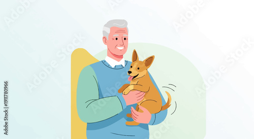 Smiling man holds a happy small dog, depicted in a stylized flat illustration