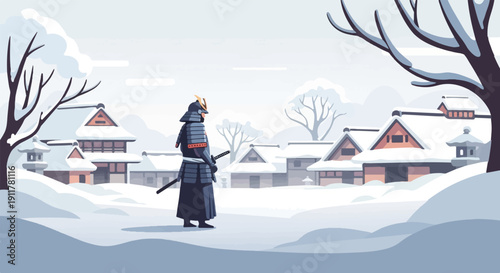 Samurai warrior stands in a snowy village with traditional houses