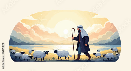 Shepherd with flock by a lake at sunrise, pastoral scene