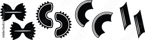 Black silhouette illustration of assorted pasta shapes including farfalle, radiatori, elbow macaroni, and penne, isolated on white background for culinary, food, and cooking design concepts.